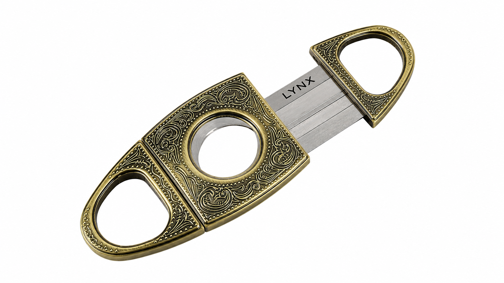 Decorative cigar cutter with 'LYNX' branding on a white background