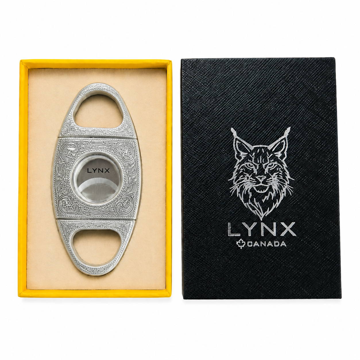 Cigar cutter with 'LYNX' branding in a yellow box and black case on a white background
